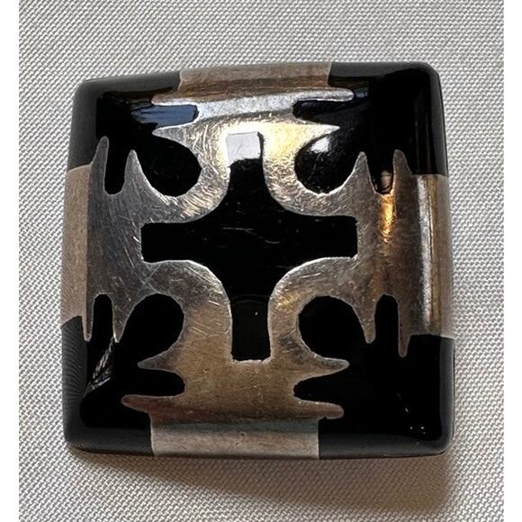 Vintage Cut-Out Sterling Overlay Onyx Square Clip Earrings Mexico - Picture 5 of 6